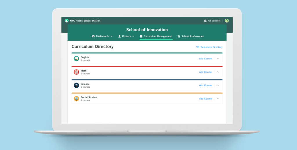 You can see Responsive Curriculum Management in Action through the Kiddom Academy's administrator and teacher dashboard.