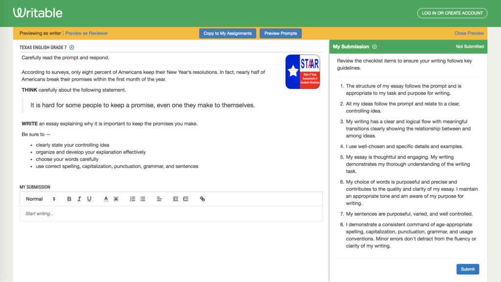 Writable provides a writing practice and writing assessment platform for educators to help infuse formative assessment into writing instruction.