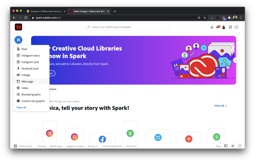 Adobe Spark's homepage with option to make a class website.