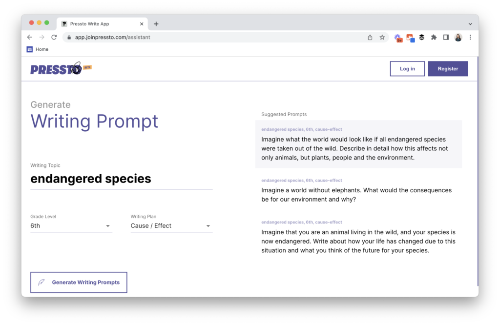 Screenshot of an AI-powered tool displaying creative writing prompts for users