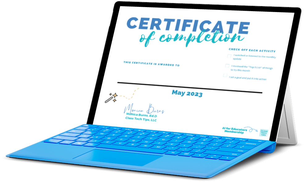Digital certificate displayed on a computer screen, awarded for completing an AI-focused course, symbolizing the achievement in learning about artificial intelligence in education.