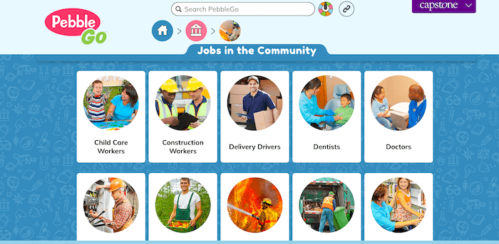 Screenshot of the PebbleGo platform, a user-friendly tool designed to engage young learners in building their literacy skills.