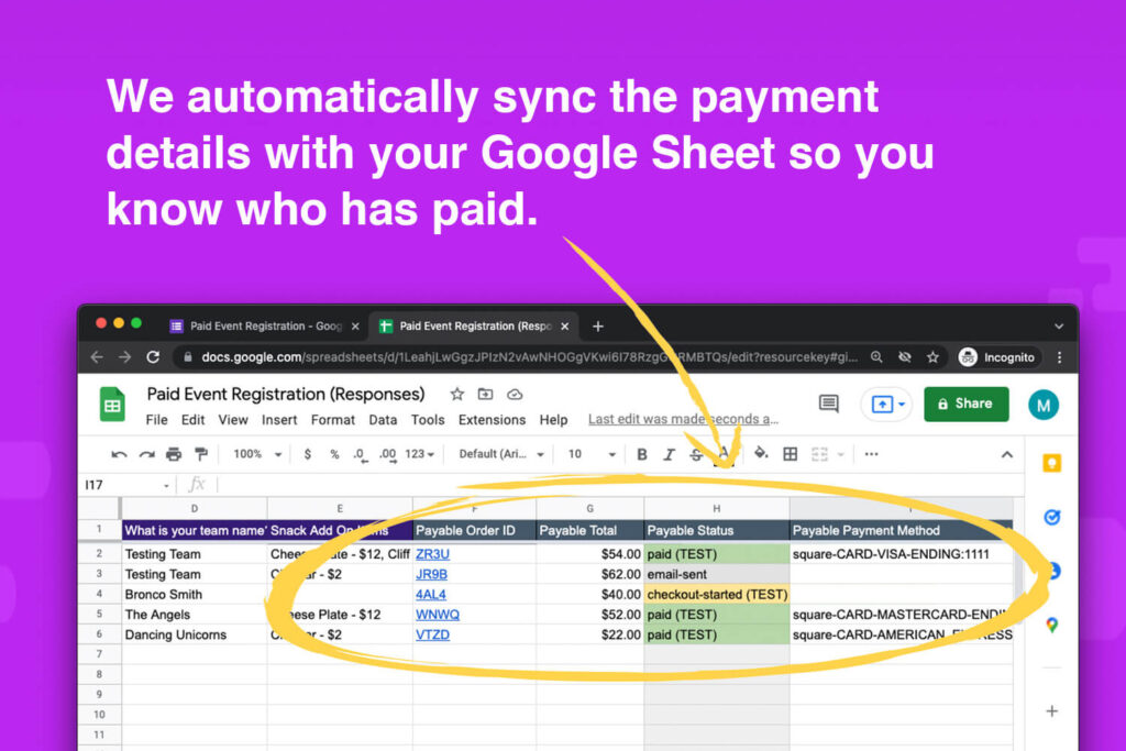 Screenshot displaying the seamless integration of a payment collection tool in a Google Form, highlighting its convenient features for effortless payment management.