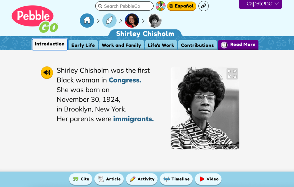 A screenshot displaying a kid-friendly reading passage about Shirley Chisholm, the trailblazing American politician and educator. The text uses clear language and engaging visuals to highlight her accomplishments, including being the first Black woman elected to the United States Congress and her groundbreaking presidential campaign, inspiring young readers to learn about her impactful legacy.