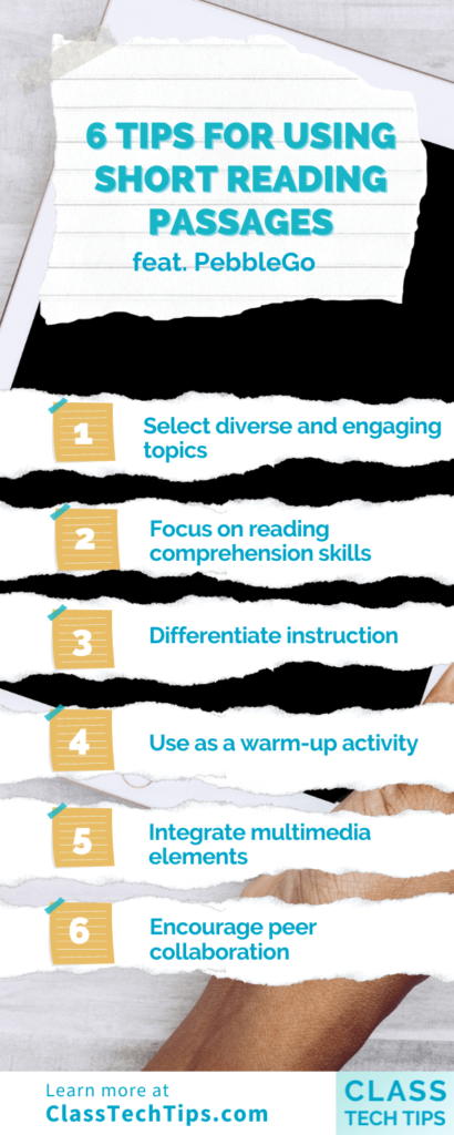 An infographic illustrating six effective tips for using short reading passages with students. Each tip is accompanied by a relevant icon and a concise explanation to help educators seamlessly integrate short texts into the learning process. The tips cover selecting age-appropriate content, varying text types, encouraging discussions, setting goals, utilizing technology, and promoting self-reflection.