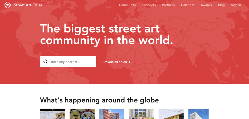 Screenshot of Street Art Cities interactive map, allowing users to virtually explore vibrant murals and graffiti from around the globe.