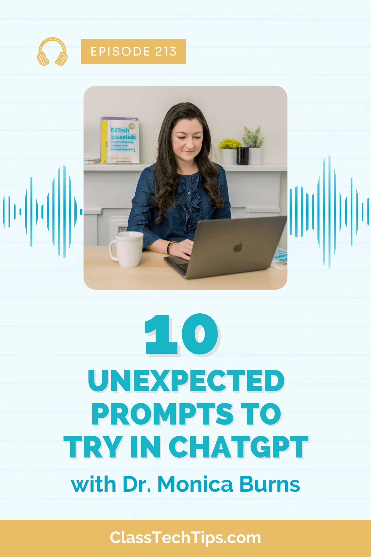 Monica Burns, host of the Easy EdTech Podcast, sits at her desk with a computer, ready to discuss creative prompts to try with ChatGPT for engaging classroom activities.