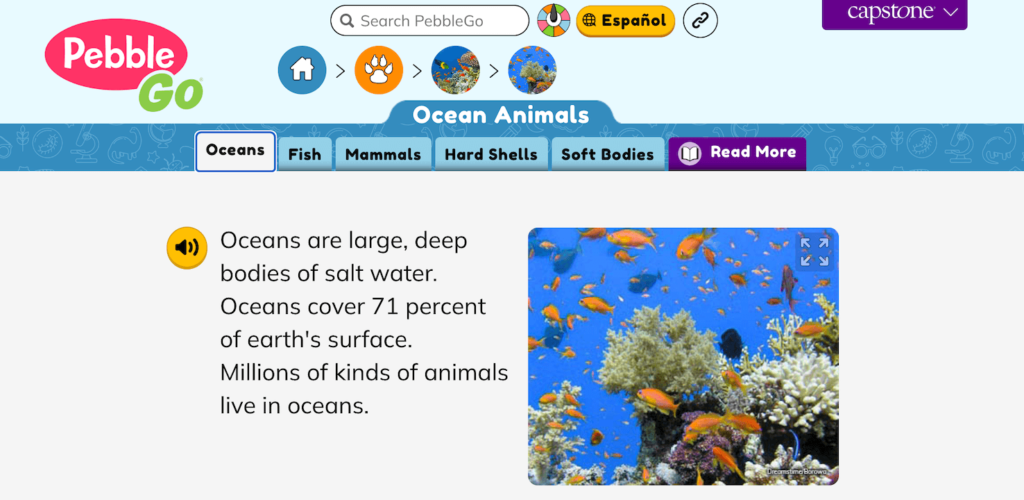 A screenshot displaying a passage about oceans, specifically designed for early readers. The text features simple vocabulary, short sentences, and engaging illustrations to help young learners better understand the topic. The passage explores basic ocean facts, marine life, and the importance of conservation, fostering curiosity and promoting environmental awareness in a child-friendly format.