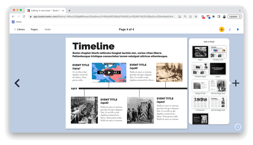 Screenshot showcasing how to make a timeline using the EdTech tool, Book Creator; a tool that enhances interactive learning and has timeline templates.