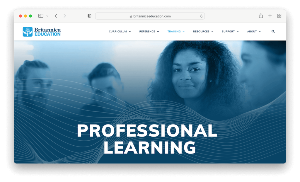 Homepage screenshot of Britannica Education's Professional Learning Solutions, the hub for their educational resources and services.