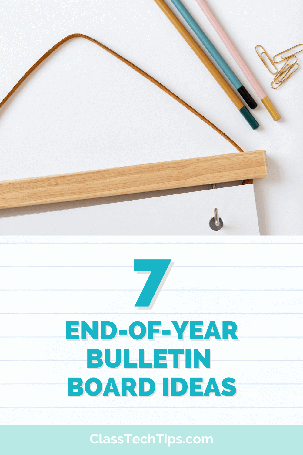 An assortment of pencils and paper clips on a desk, symbolizing the creative planning process for end-of-year bulletin board ideas.
