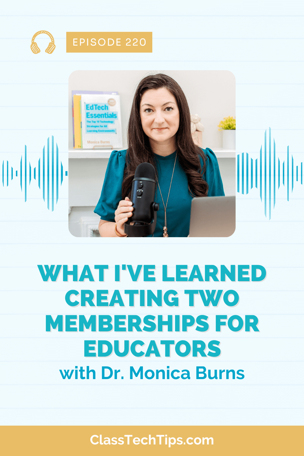 Podcast host at her desk with a computer and microphone, ready to share experiences and tips on running successful memberships for educators.