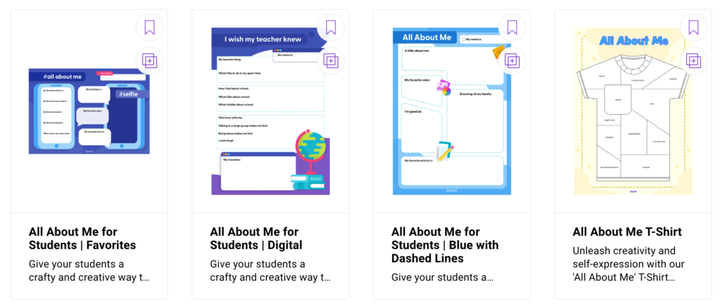 Screenshot depicting a selection of "About Me" templates from the digital tool Kami, which can be personalized by students.