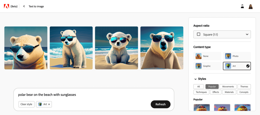 Screenshot of Adobe Firefly, a generative AI tool, creating a whimsical image of a polar bear wearing sunglasses.