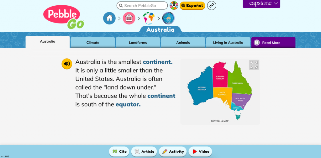 Digital snapshot of an engaging elementary reading passage, focusing on Australia.