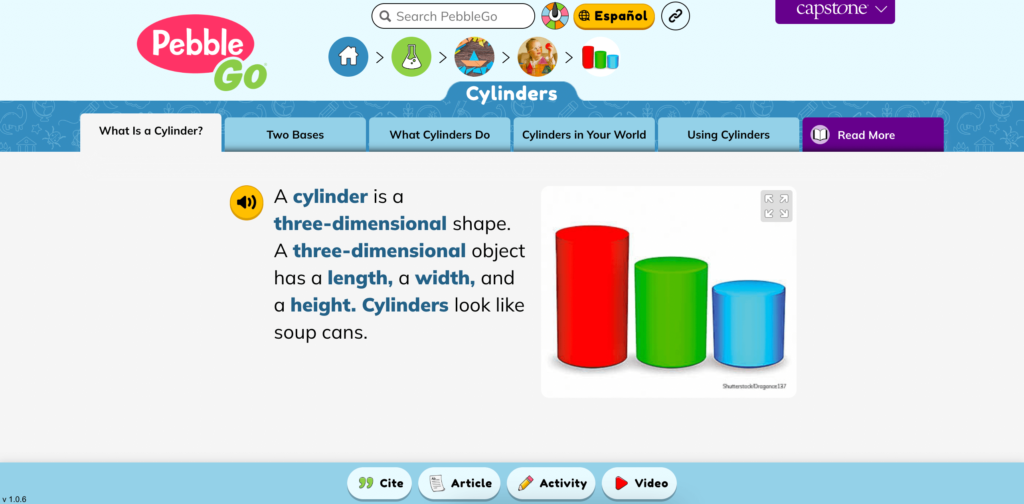 Screenshot showcasing a kid-friendly reading passage on cylinders, designed for elementary students.