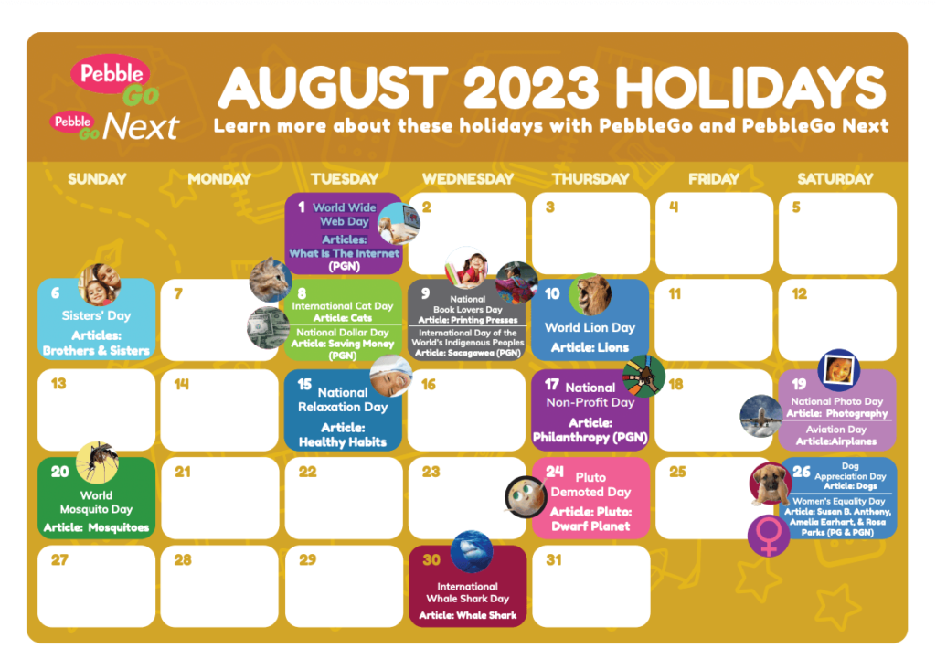 Screenshot of a calendar displaying August holidays, highlighting opportunities for teachers to integrate Summer Reading Activities for Elementary Students in celebration.