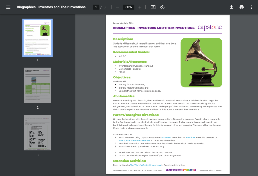 Screenshot of a lesson plan focused on introducing biographies to students, with sections for objectives, materials, and instructional steps.