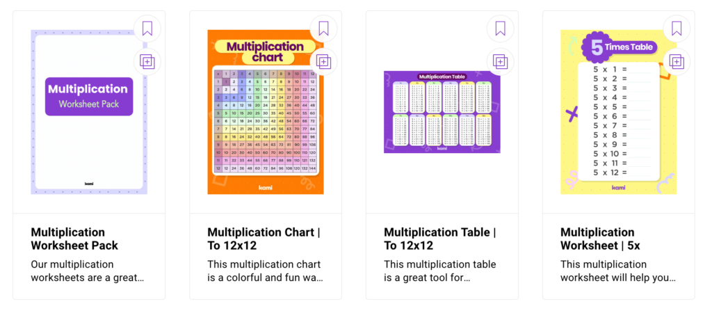 Screenshot of Kami's downloadable multiplication practice sheets for interactive learning.
