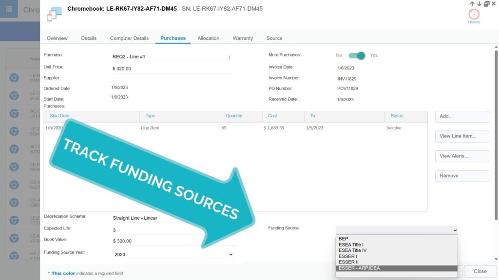 Screenshot illustrating the use of VIZOR software to efficiently track funding sources for school devices.