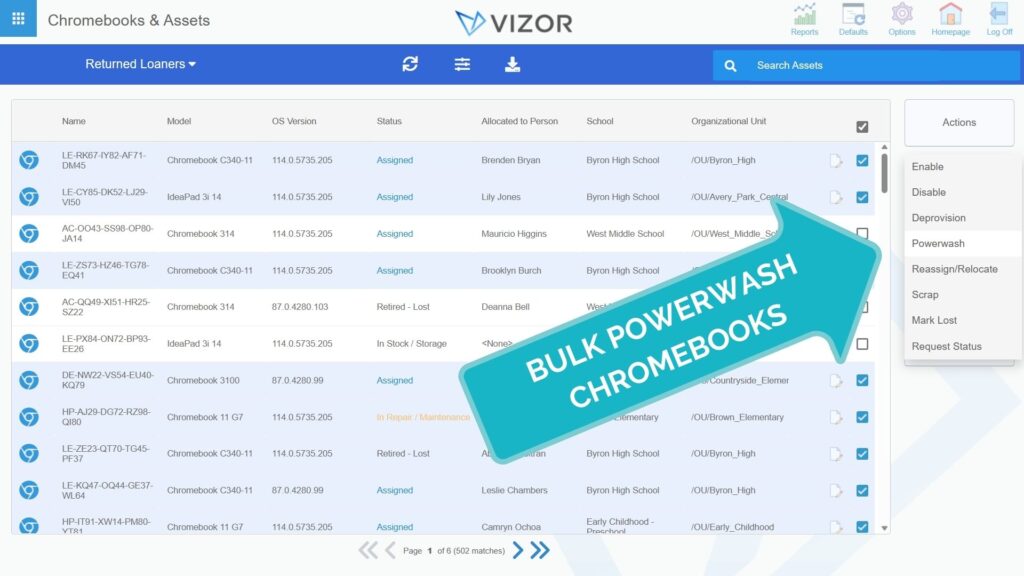 Screenshot demonstrating the use of VIZOR software to perform a bulk powerwash on Chromebooks, an essential step in device management.