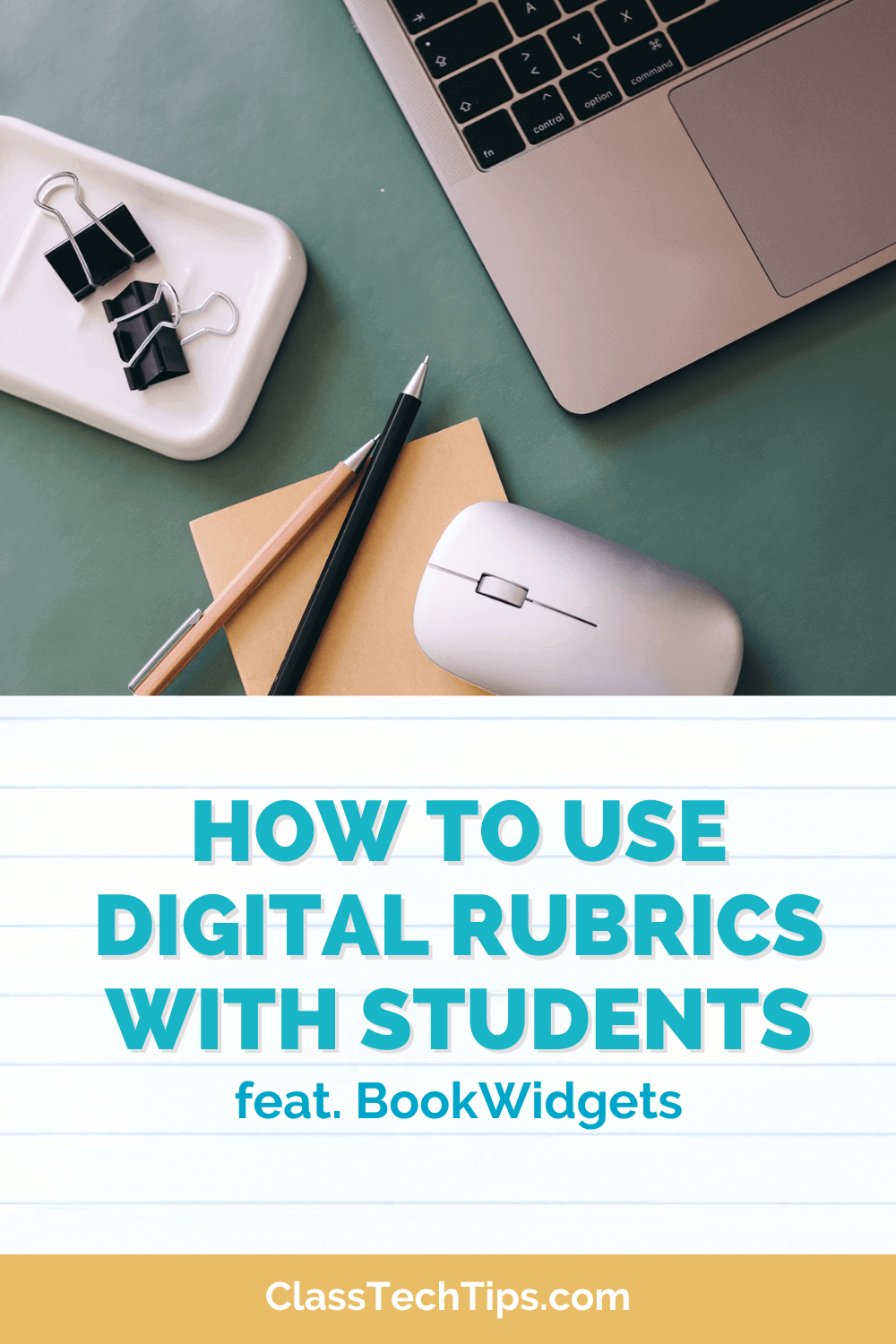 Desk with essential tools including a laptop, representing the topic of the blog post on how to effectively use digital rubrics with students.