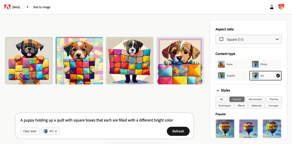 Screenshot displaying an Adobe Firefly's AI-generated image of a puppy holding a quilt.