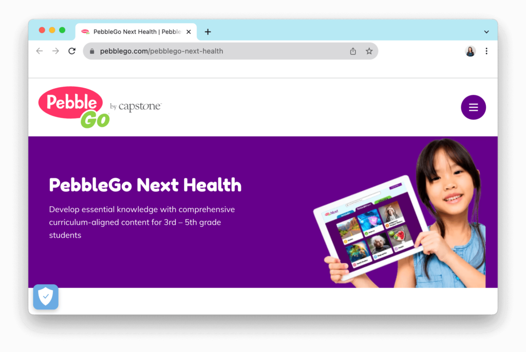 Screenshot of the PebbleGo Next Health landing page, featuring various clickable topics related to elementary health education.