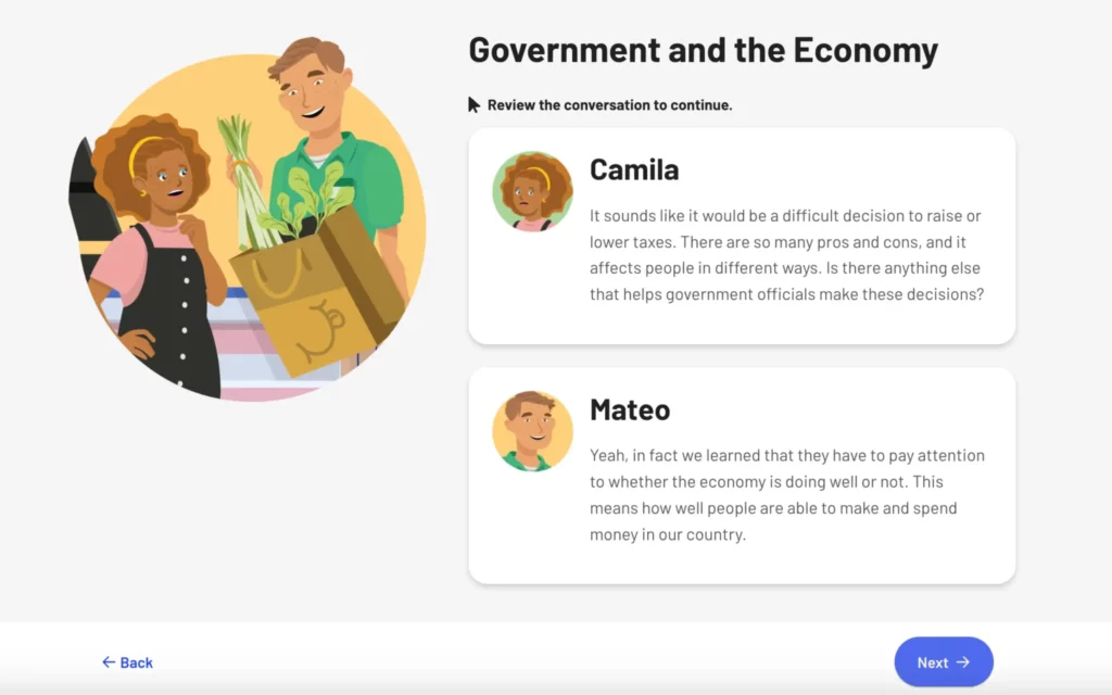 Screenshot of a digital program focused on economy education, displaying interactive content tailored for middle school students.