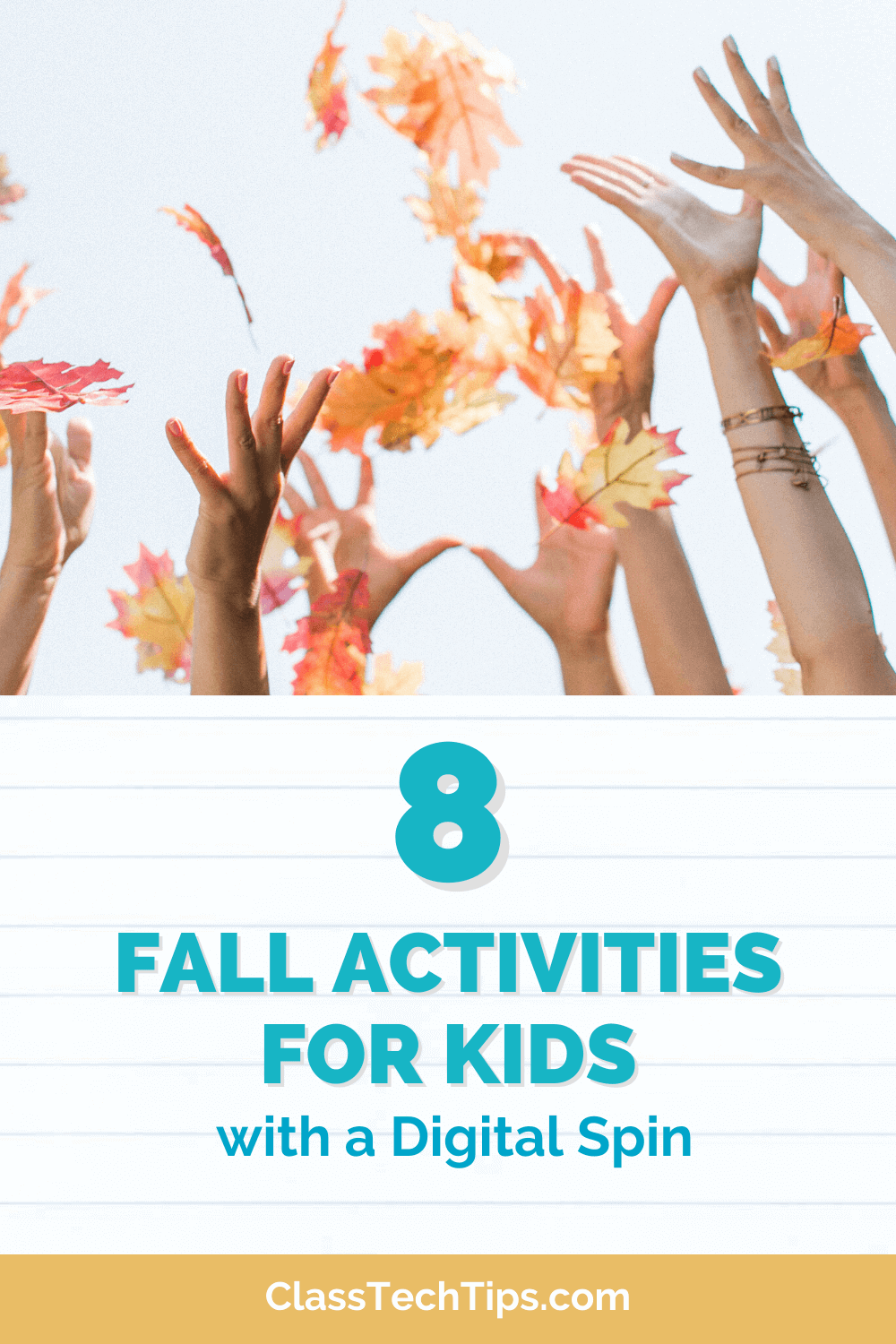 Hands joyfully throwing autumn leaves into the air, representing the blend of digital and traditional Fall activities for kids.