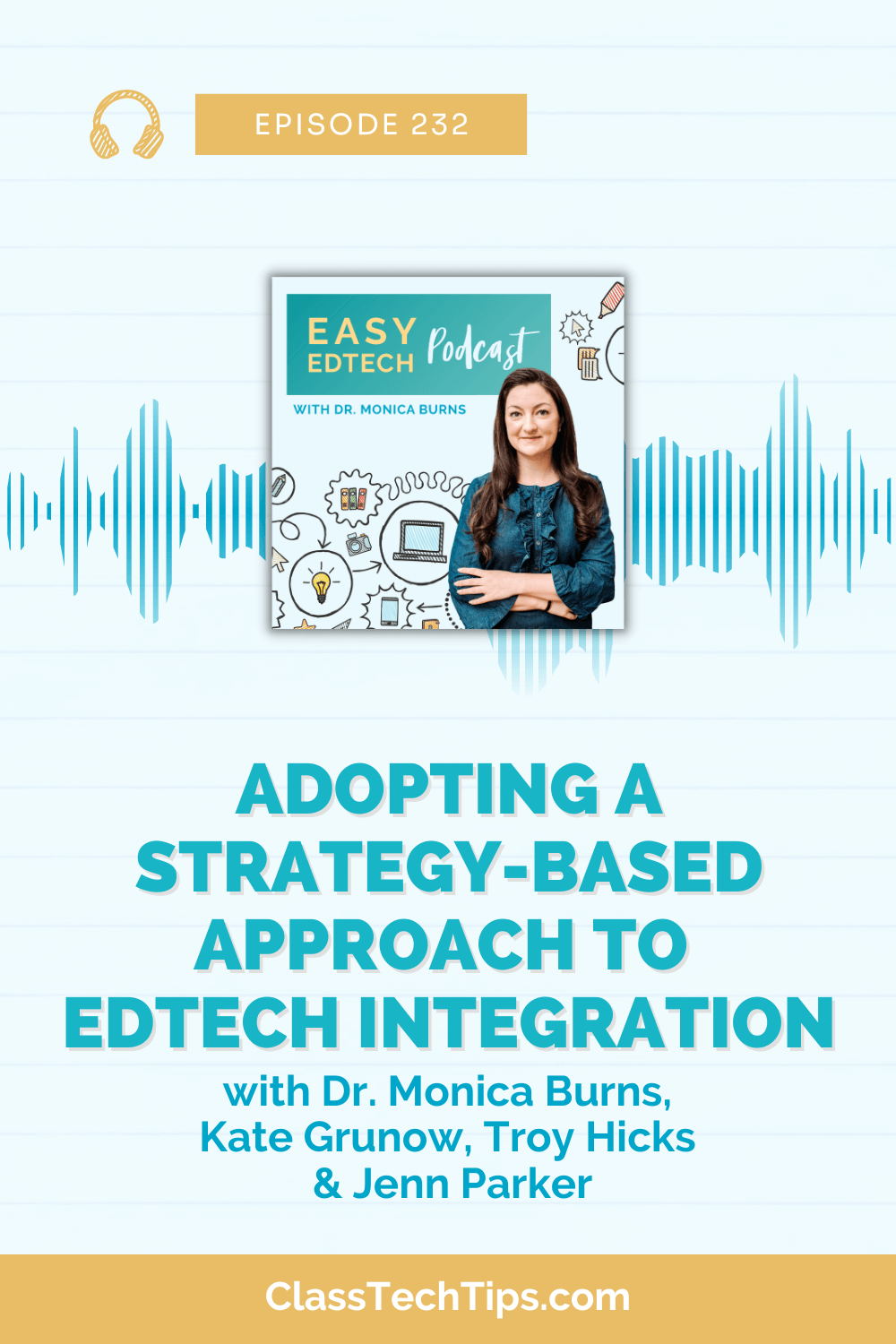 Podcast logo with the text "EdTech Integration" spotlighting the discussion on purposeful technology in education with experts Jenn Parker, Kate Grunow, and Troy Hicks.