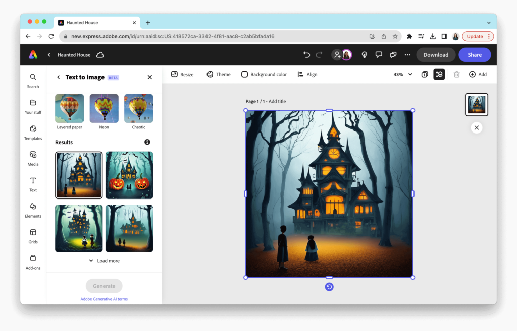 Screenshot demonstrating the output of creating a spooky image using AI features in Adobe Express.