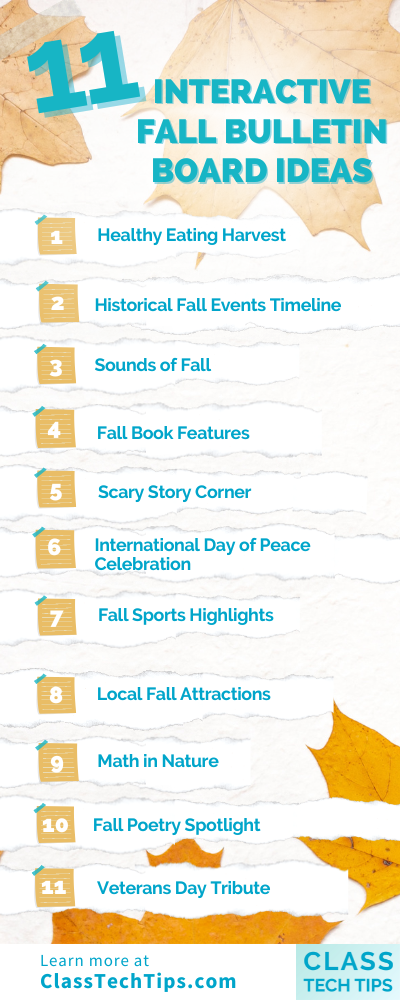 Infographic detailing 11 Interactive Fall Bulletin Board Ideas, surrounded by autumn leaves to emphasize the seasonal theme.