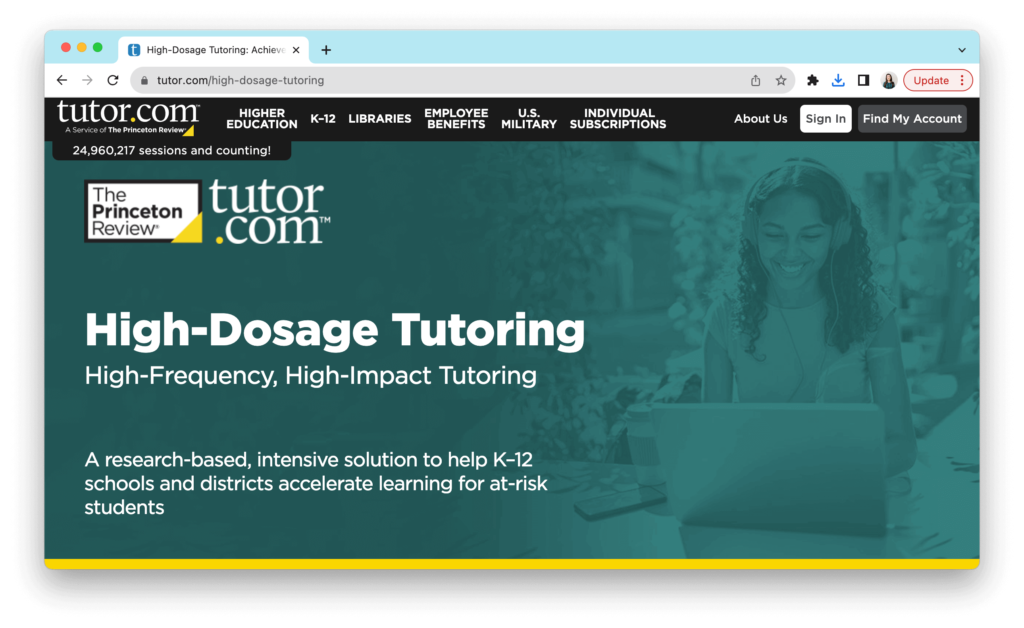 Screenshot of the landing page for a K-12 high-dosage tutoring platform, featuring menu options and introductory text.