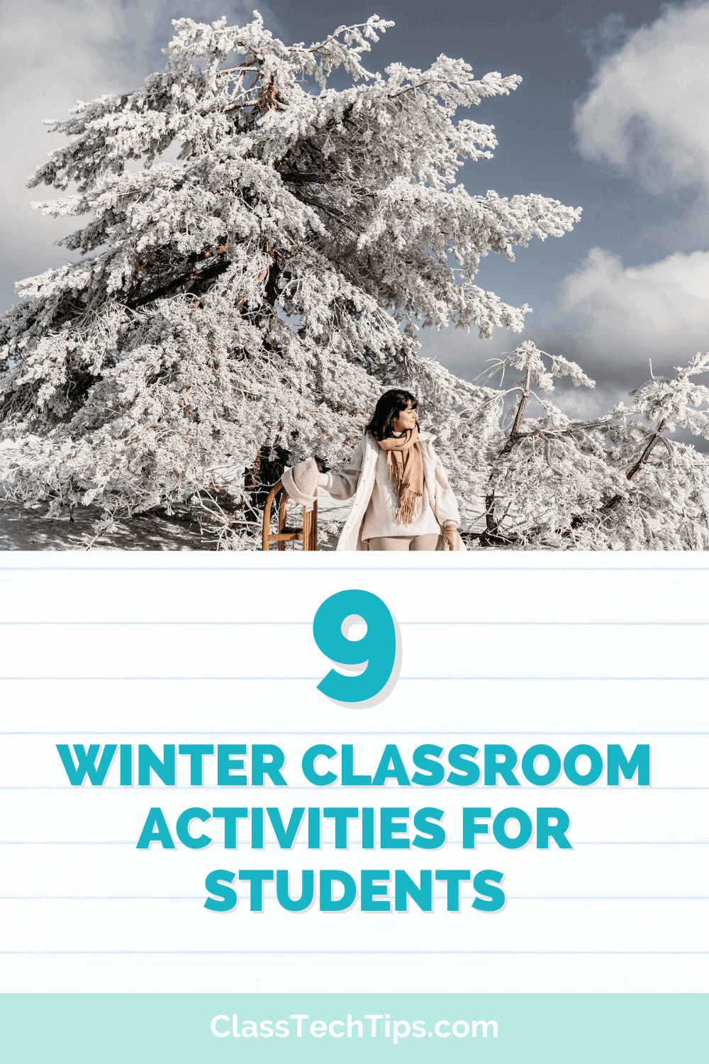 Teacher outside in the snow, illustrating a blog post about engaging winter classroom activities for students.