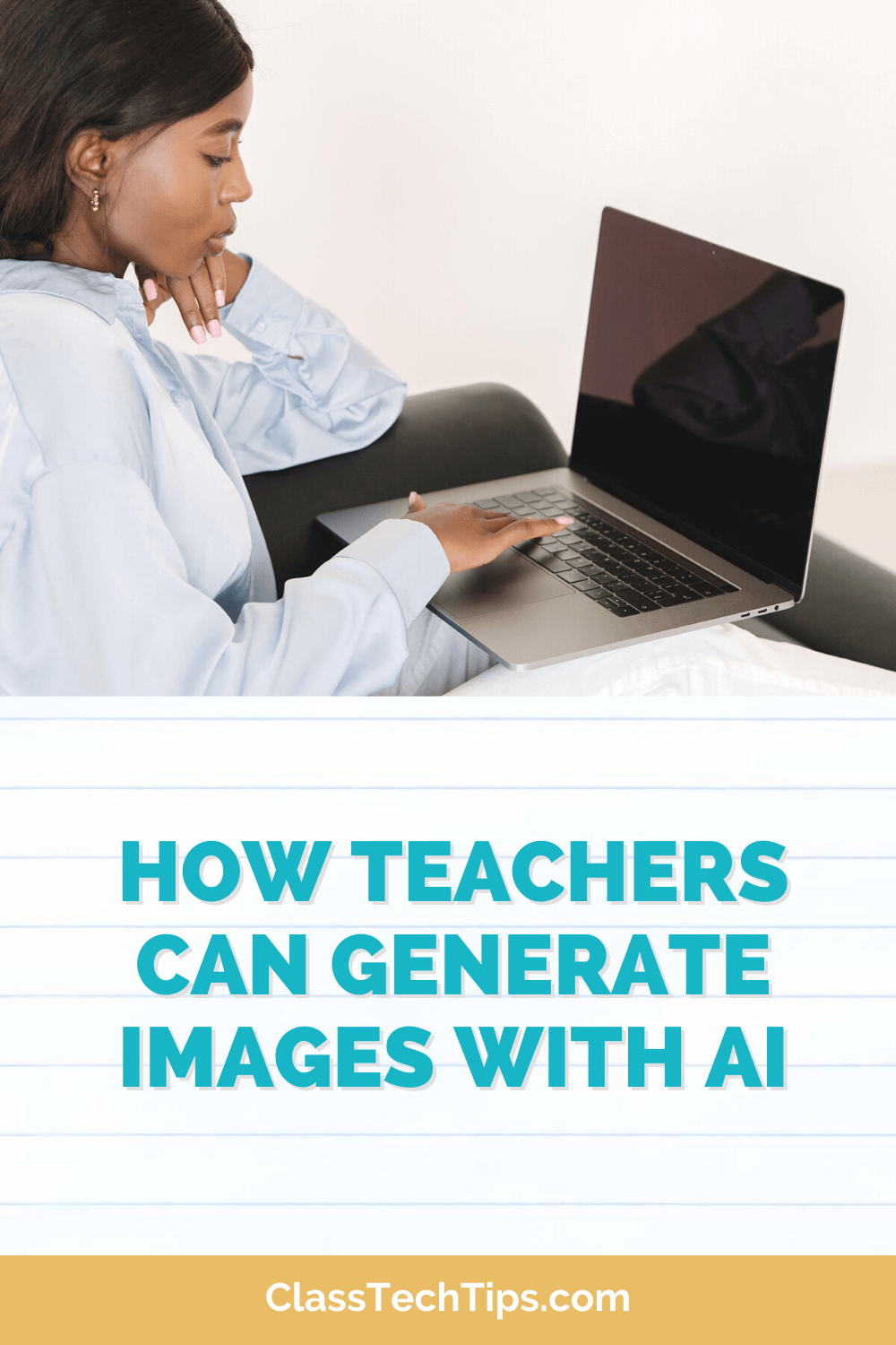 Teacher at a desk using a laptop to explore AI image generation tools, enhancing their teaching experience.