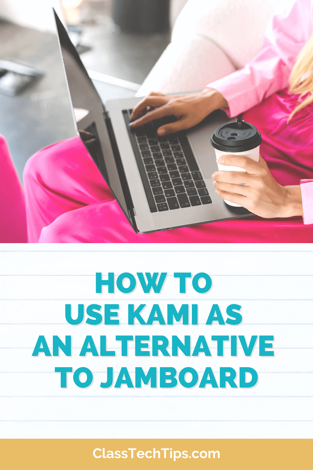 Educator holding a coffee while browsing on a laptop, investigating how to transition from Jamboard to Kami for collaborative learning experiences.