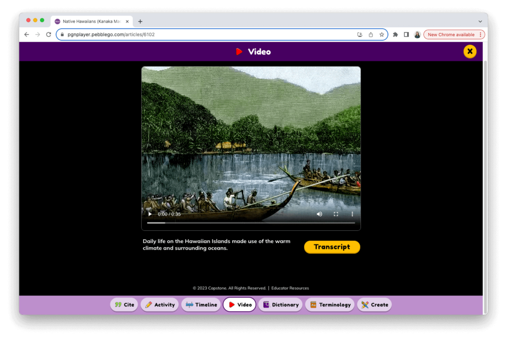 Video player on an educational platform featuring content to build background knowledge on Indigenous Peoples' History.