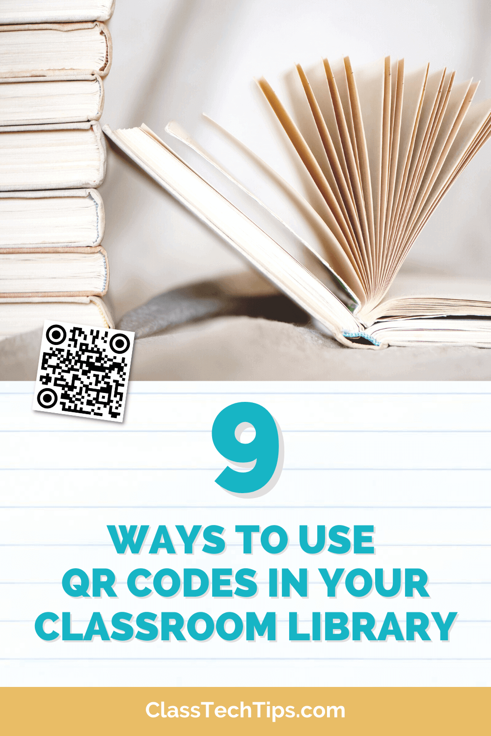A stack of books with pages flipping, featuring a QR code, representing innovative ways to use QR codes in classroom libraries.