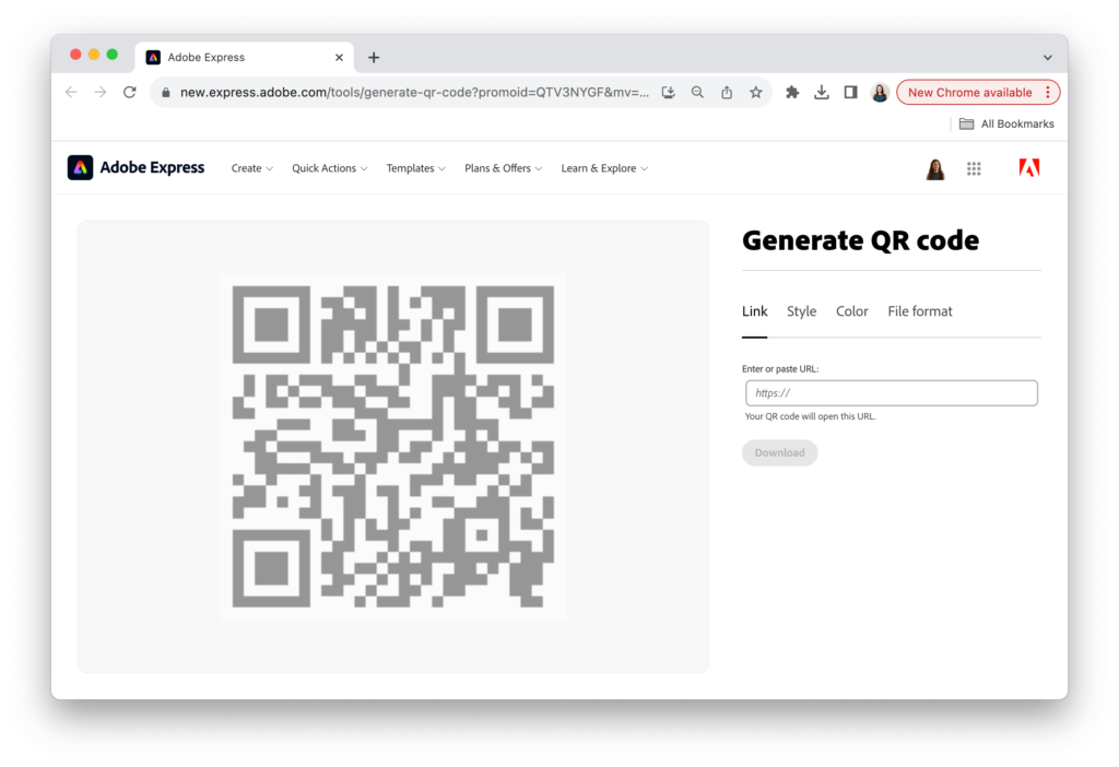 Screenshot of Adobe's QR code maker tool, useful for creating interactive elements for classroom bulletin boards.