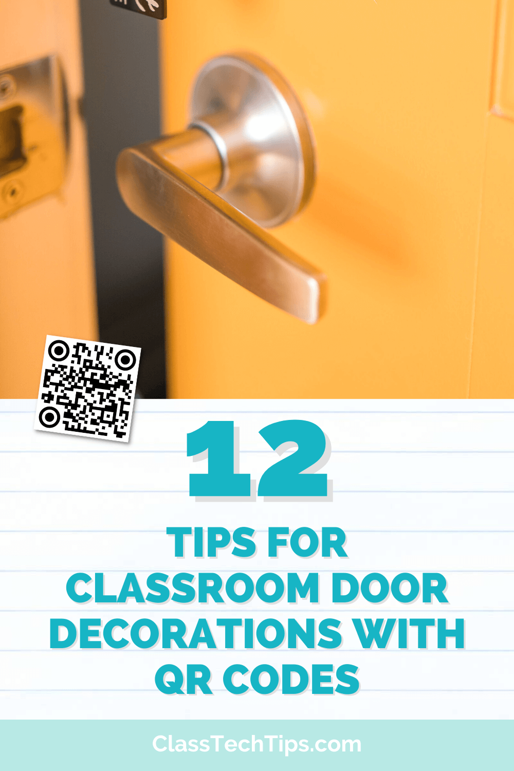Vibrant yellow classroom door with a glossy silver handle, featuring a QR code for educational resources.