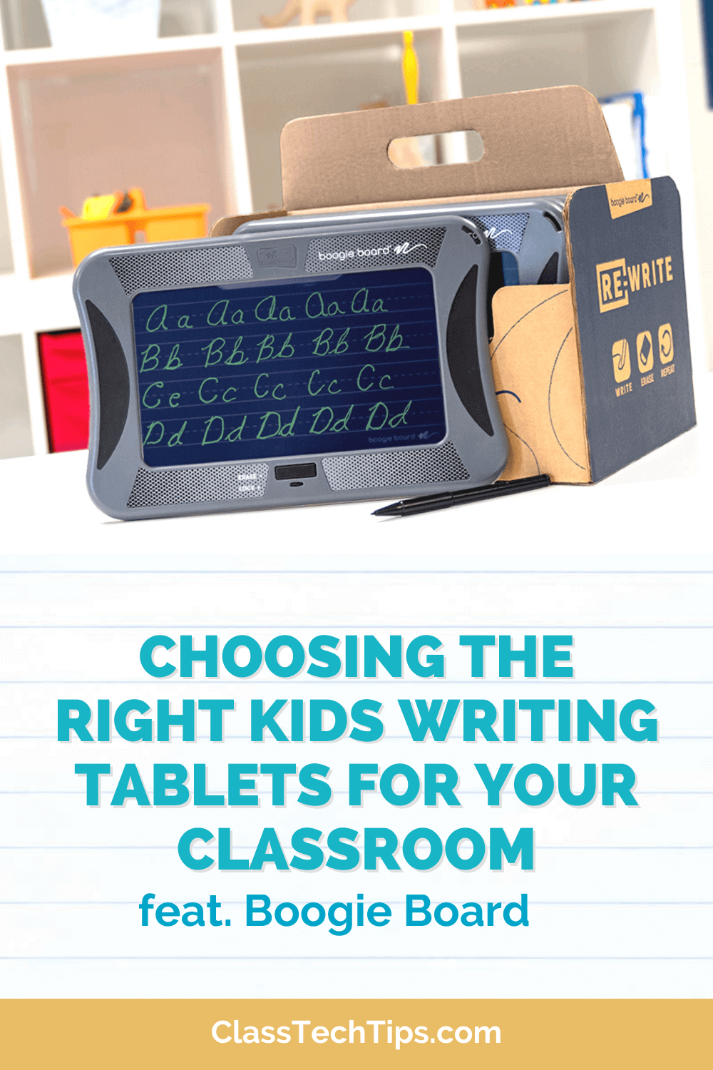 Kids writing tablet from Boogie Board placed on a desk, highlighting an effective, tech-savvy tool for student writing in the classroom.