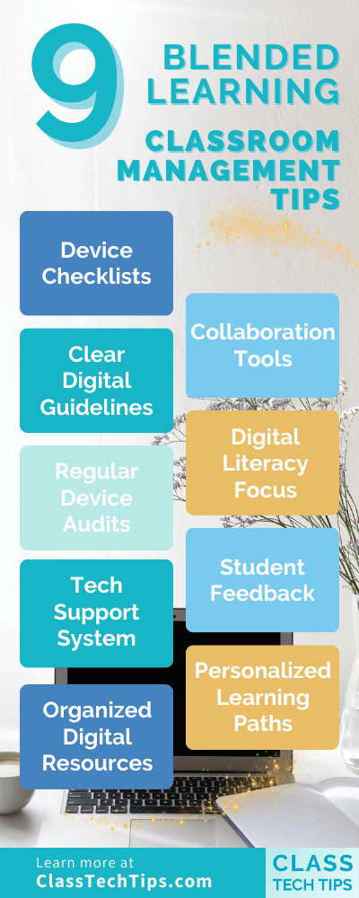 Infographic illustrating 9 key classroom management strategies for blended learning, featuring icons and brief descriptions of digital and traditional teaching tools.