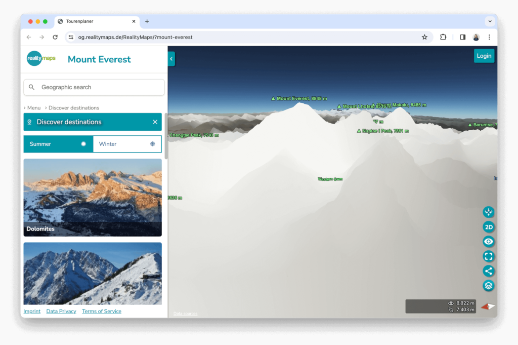 Screenshot of a virtual reality education website displaying an immersive view of Mt. Everest, showcasing its majestic peaks and snowy slopes.