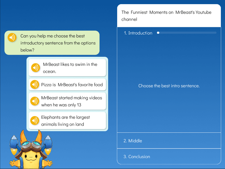Detailed view of eSpark Writing's student interface, displaying an active writing session with inline AI assistance and educational prompts.