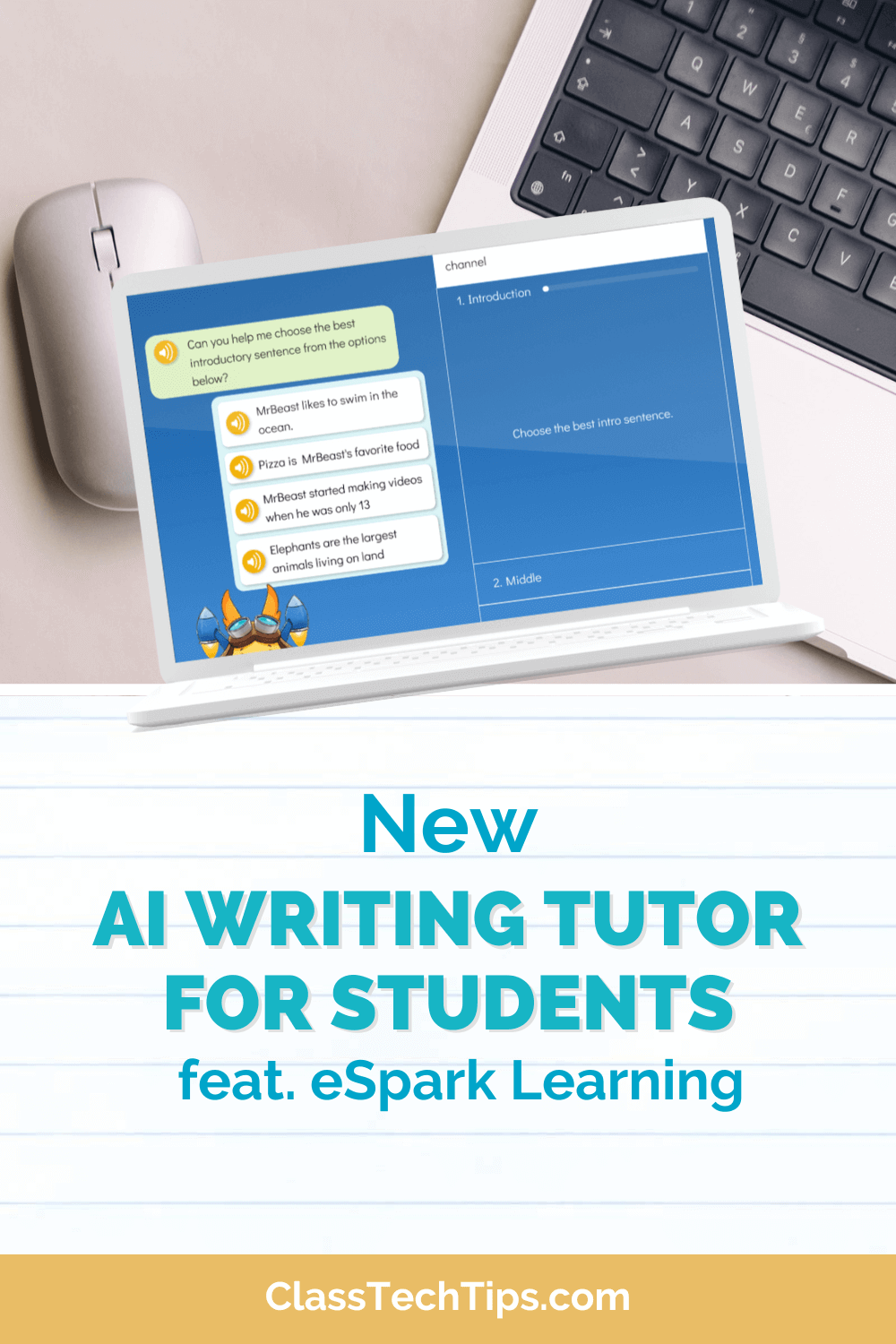 A desk with a computer screen displaying eSpark's AI Writing Tutor tool, highlighting the interactive interface used in a classroom setting.