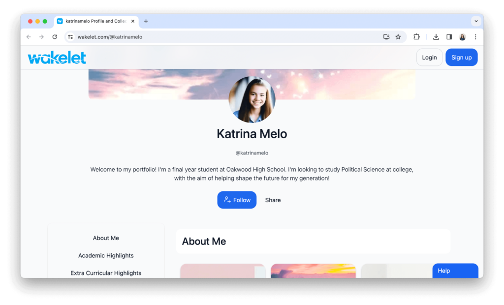 Screenshot of a student's portfolio landing page, featuring a welcoming introduction and neatly categorized sections for projects and achievements.
