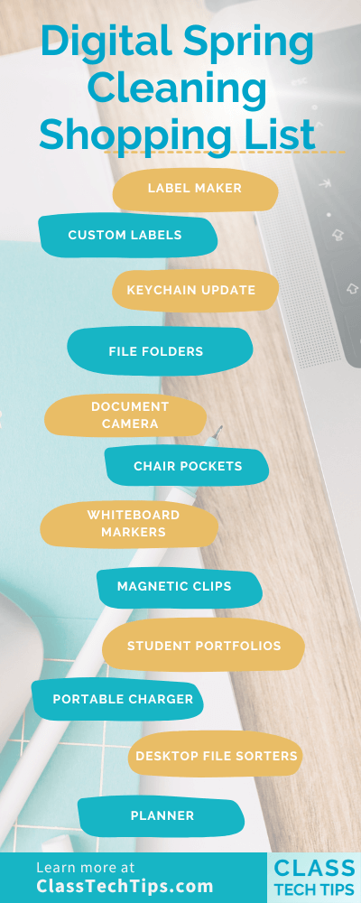 An infographic titled "Digital Spring Cleaning Shopping List" with a top view of a wooden desk and a white chair. The list includes items such as label maker, custom labels, keychain update, file folders, document camera, chair pockets, whiteboard markers, magnetic clips, student portfolios, portable charger, desktop file sorters, and a planner. Each item is on a stylized label graphic in alternating teal and gold colors.