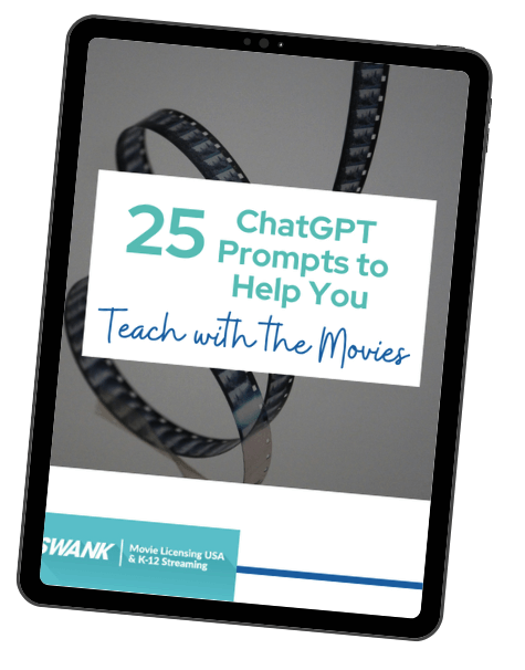 A tablet displaying the cover of "25 ChatGPT Prompts to Help You Teach with the Movies," a new free eBook by Swank K-12 Streaming, against a minimalist background.