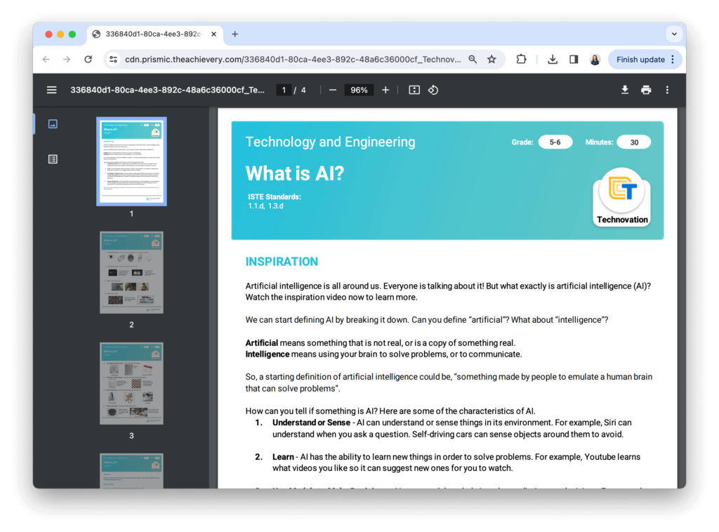 Detailed lesson plan on a laptop screen focused on teaching artificial intelligence concepts, outlining objectives and activities.